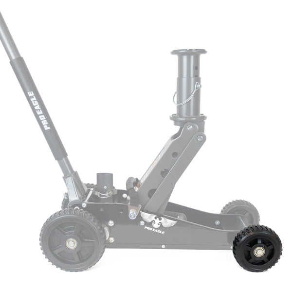 Off-road vehicle jack featuring large rugged wheels, extendable handle, and steel components.