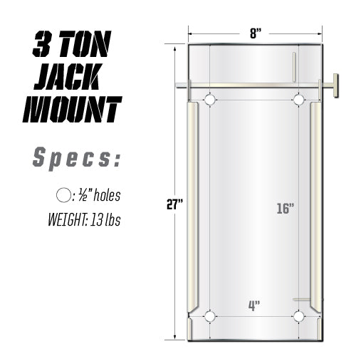 Technical drawing of a 3 Ton Kratos Jack Mount 2.0 with dimensions and specifications.