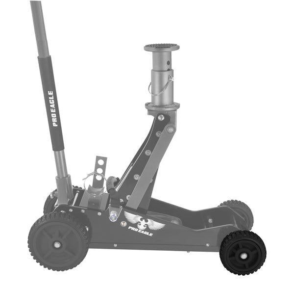 Side view of a 6-inch wheel off-road jack with durable frame and robust handle.