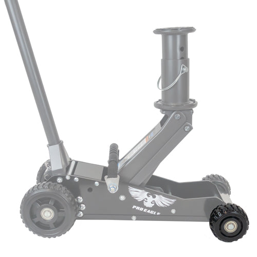 Gray 3-ton shop jack with rugged off-road wheels and adjustable lifting arm.