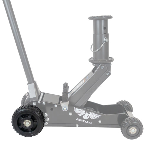 Gray off-road jack with rugged wheels and a retractable handle, featuring "Pro Eagle" branding.