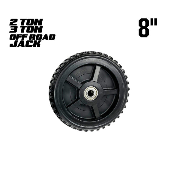Black 8-inch off-road wheel for 2/3 ton jacks, labeled with product details